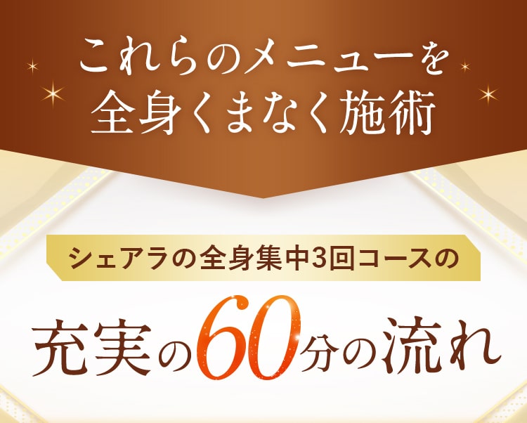 これらのメニューを 全身くまなく施術!シェアラの全身集中3回コースの充実の60分の流れ